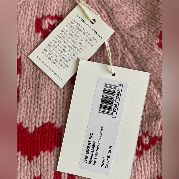 NWT The Great Sweetheart Pullover sweater. Size 1. Pink with red hearts. - Picture 9 of 9